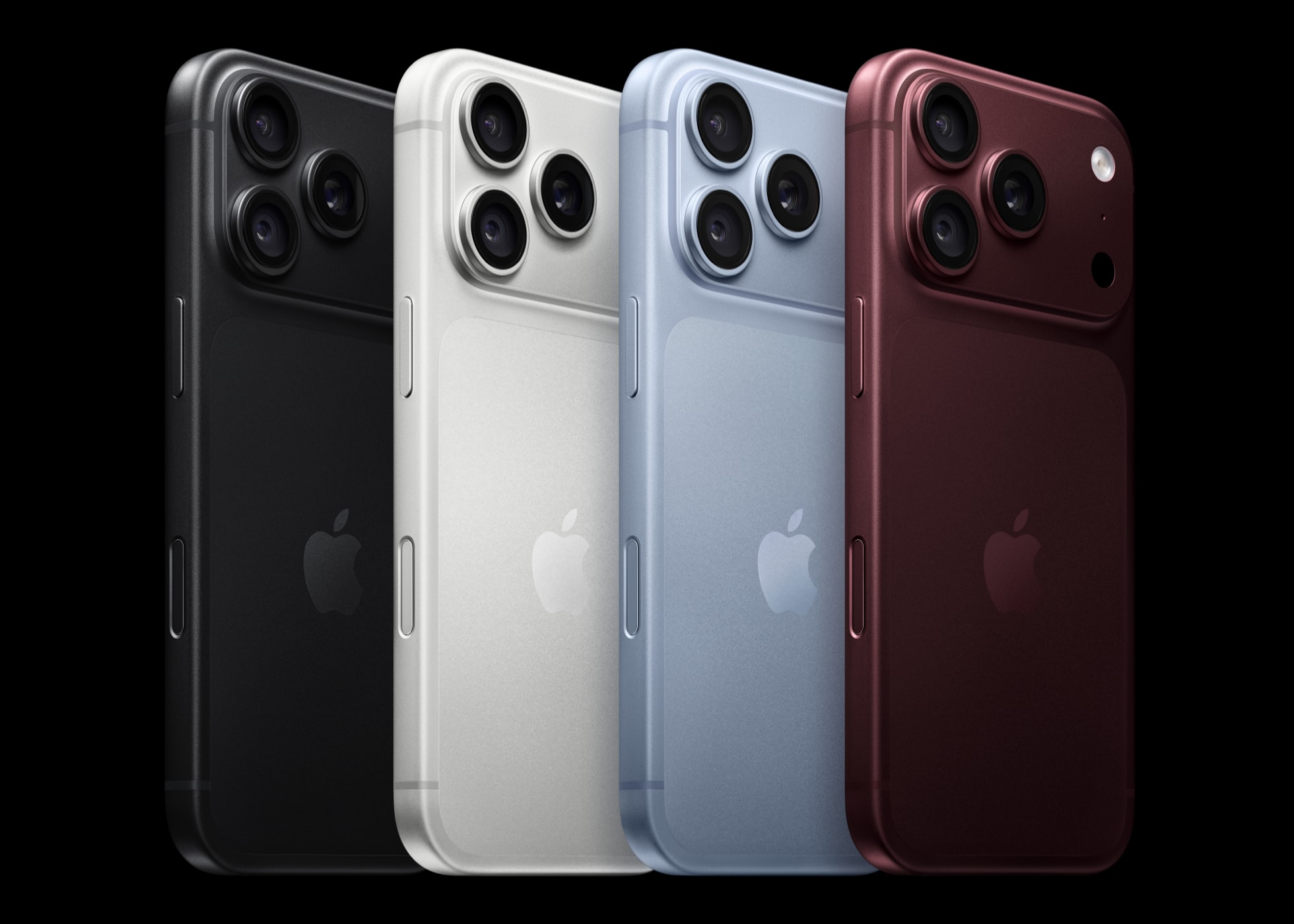 iPhone 18 Pro nas cores preto, prata, glacier e burgundy.