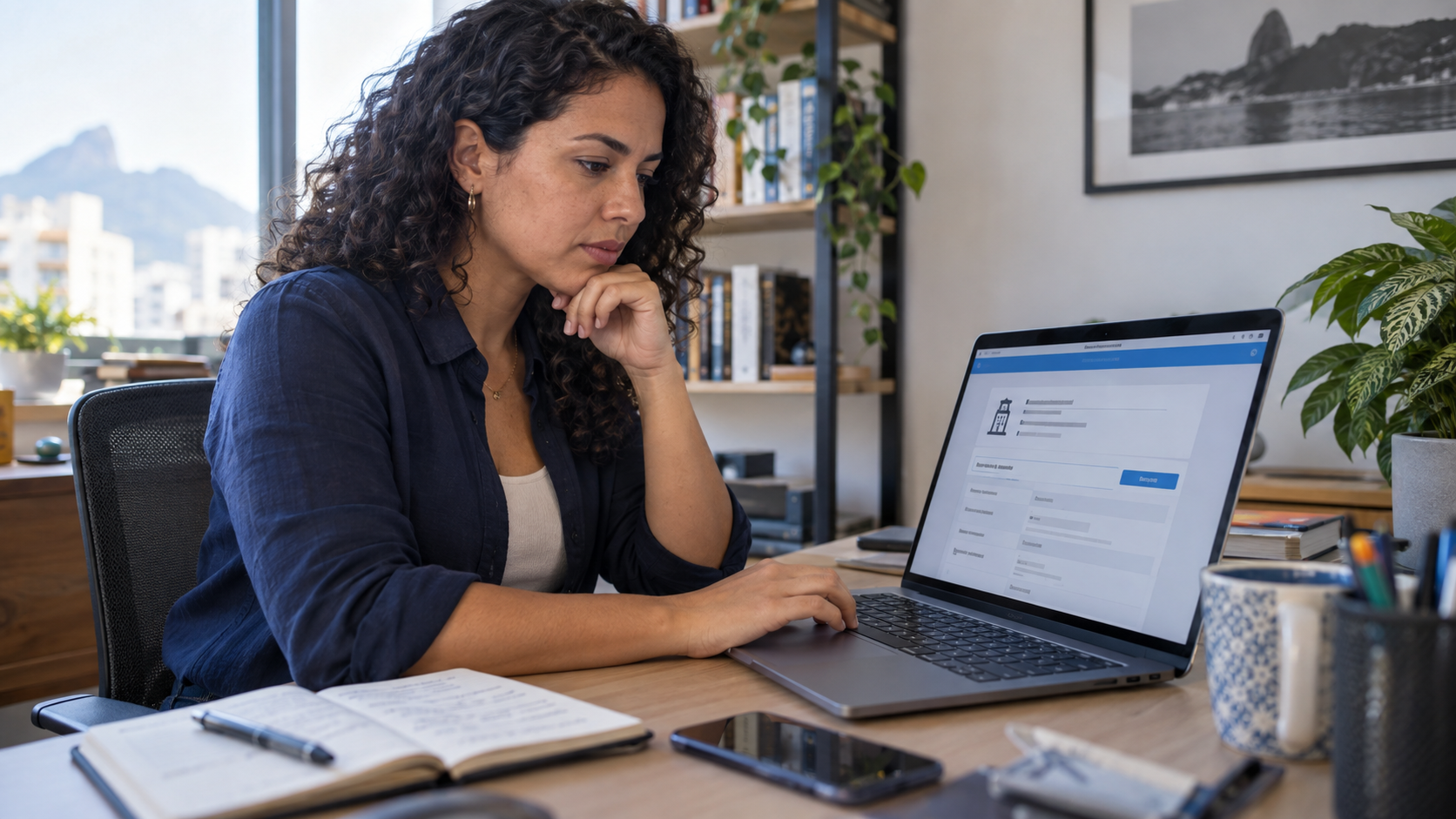 Mulher confere os dados de uma empresa no notebook antes de comprar.